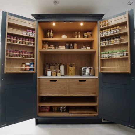 A bespoke kitchen in London with open shelves and a large pantry.